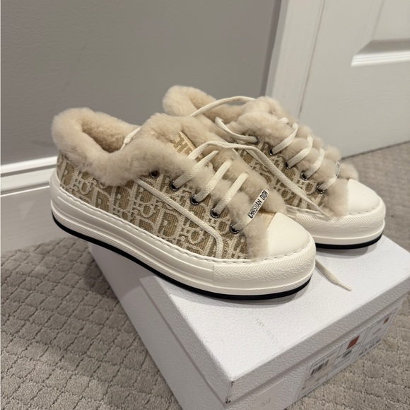 Brand New Walk’N’Dior Beige Fur-Lined Platform Sneakers